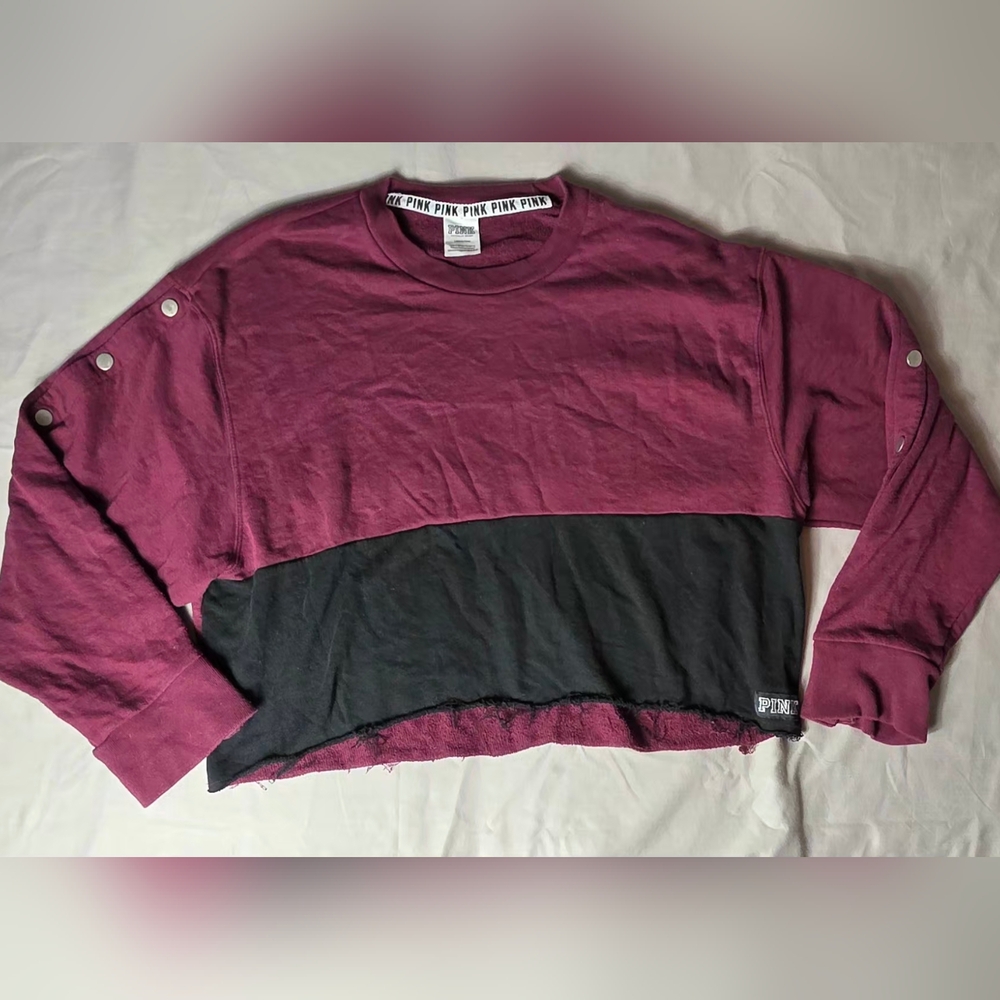 PINK Victoria's Secret Crop Sweatshirt Color Block Wine and Black Side Buttons L